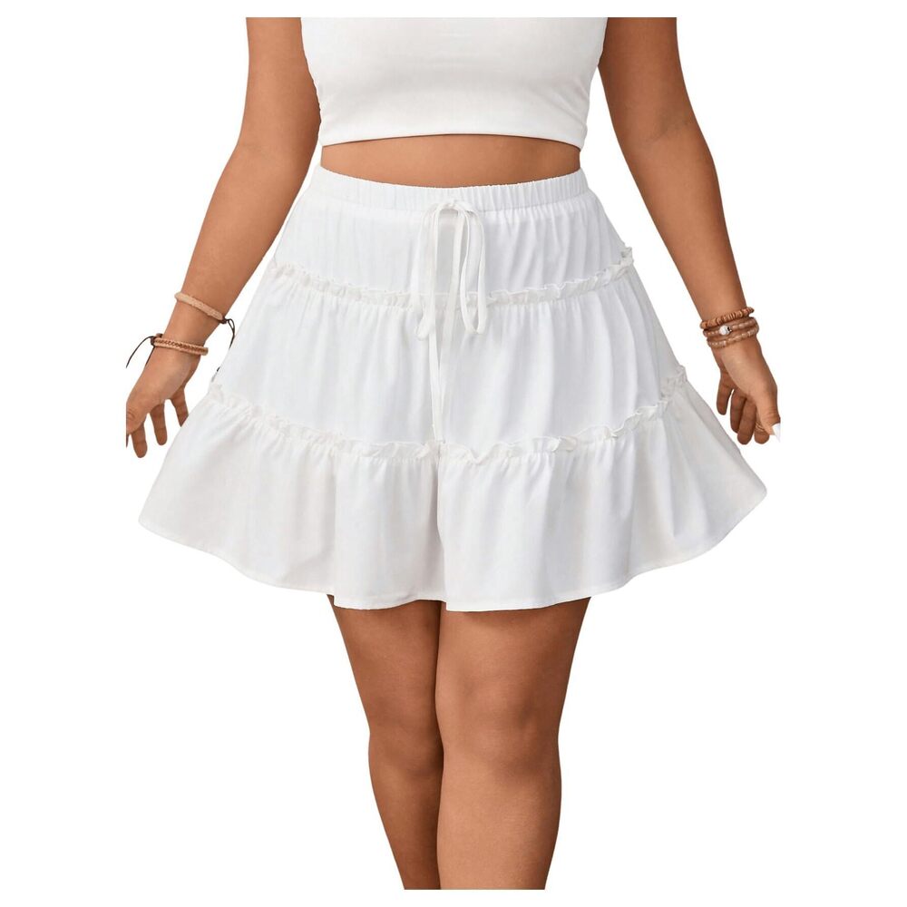 8394 Plus Size Ruffle Flared Mini Skirts Elastic Waist Flowy Skirt